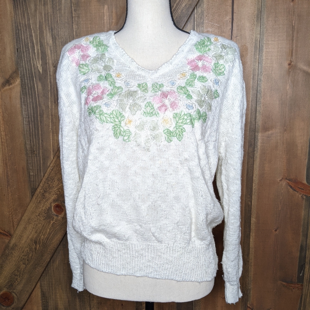 Vintage White Floral Applique V-Neck Grannycore Knit Puff Sleeve Sweater Medium